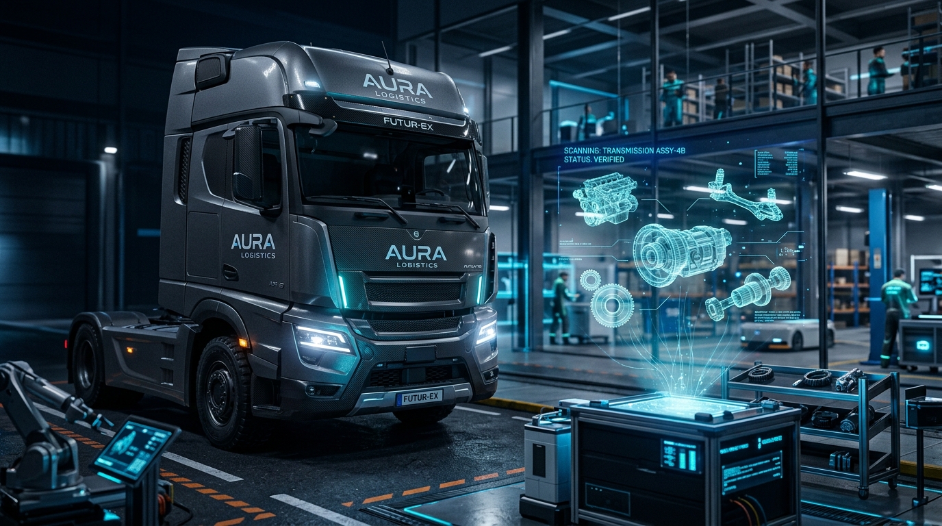 Caminhão pesado com escaneamento de inteligência artificial de autopeças