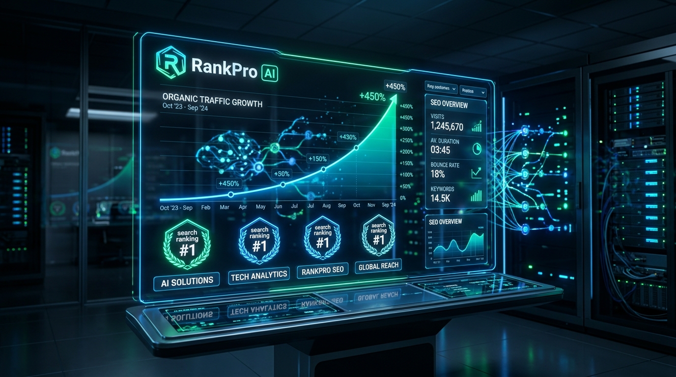Painel analítico futurista de SEO e Inteligência Artificial do RankPro SEO